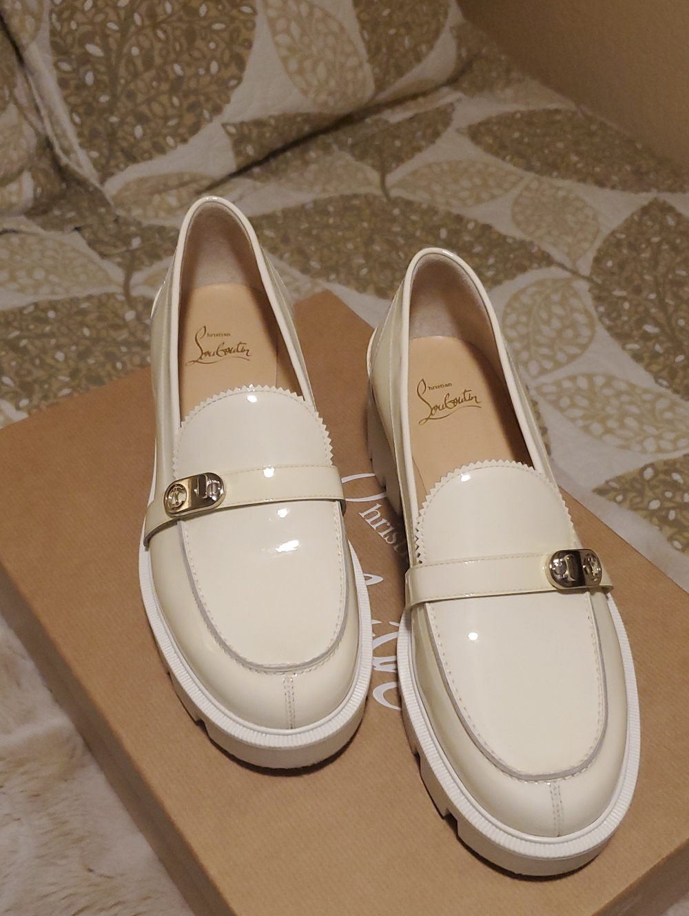 Christian Louboutin Cream Patent Leather Loafers with Gold Buckle
